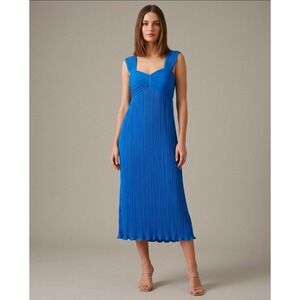 New Anthropologie Blue Micro Pleated Sweetheart Midi Dress NWT Size L